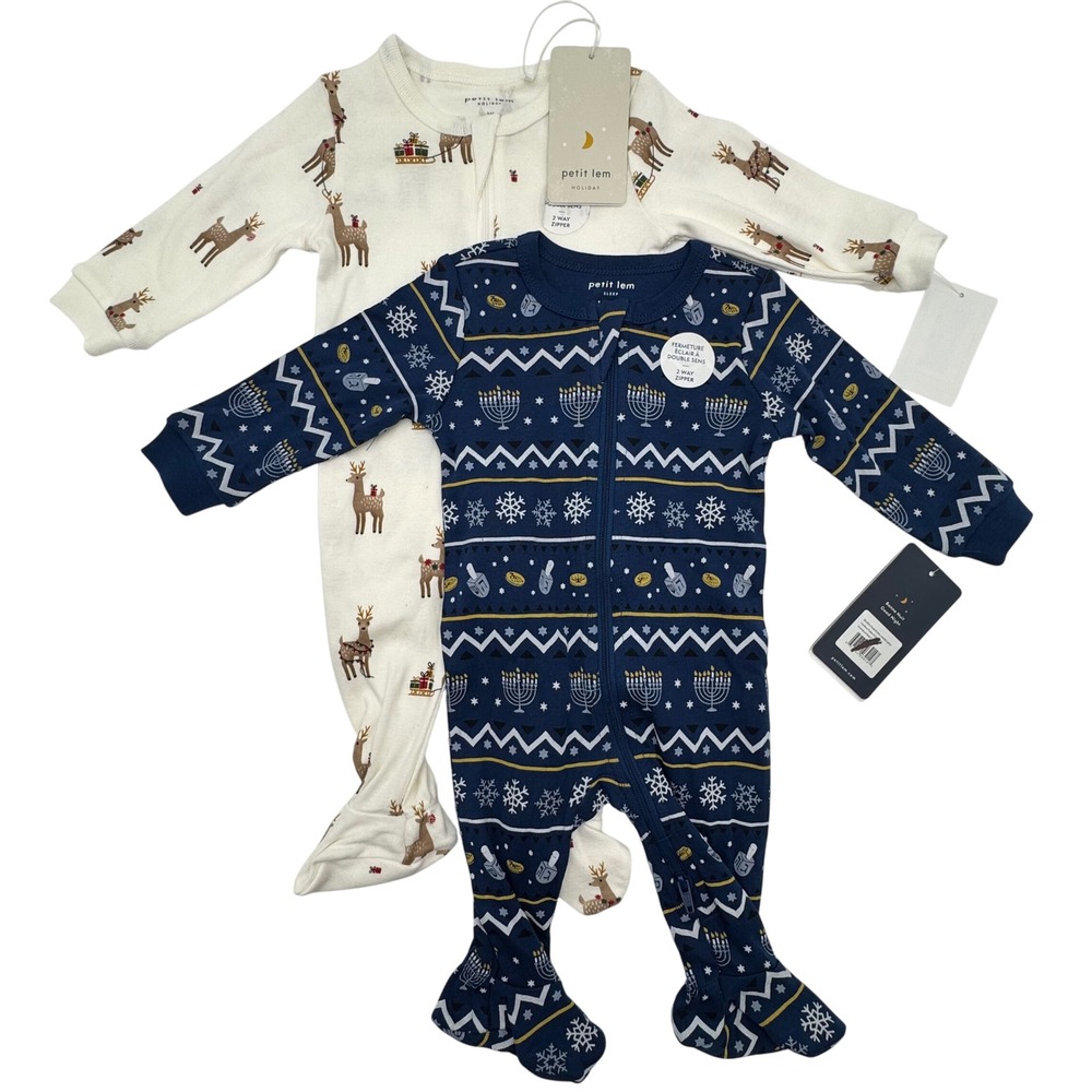 NEW‎ Petit Lem Lot of 2 Baby 3M Holiday Reindeer Organic Cotton Footie Pajamas